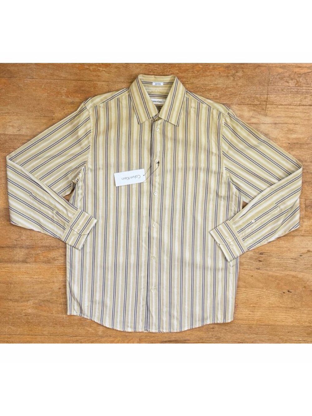 Calvin Klein Shirt Mens Size Small NWT 100% Cotton Beige Brown Striped Collared